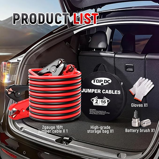 TOPDC 2 Gauge 16 Feet Jumper Cables for Car, SUV and Trucks Battery, Heavy Duty Automotive Booster Cables for Jump Starting Dead or Weak Batteries with Carry Bag