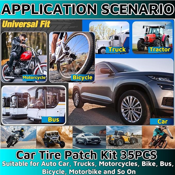 35PCS Flat Tire Repair Kit Car Tire Patch Kit Heavy Duty Tire Repair Tool Car Tire Repair Kit,30pcs Tire Patches 32mm/42mm/58mm with Tire Patch Roller Tire Inner Liner Scraper for Car Motorcycle Bike
