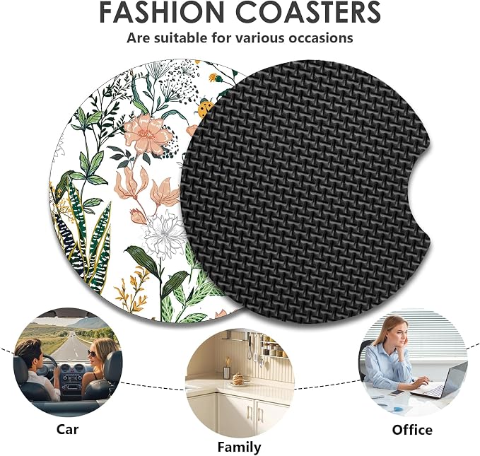 2 Pack Car Coasters,2.75-inch Neoprene Non-Slip Cup Holder Coasters for Car,Cute Car Interior Accessories for Men and Women,White Flower