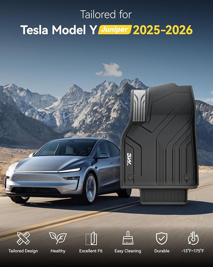 3W 2025 2026 Tesla Model Y Juniper Only for 5 Seat Floor Mats with Rear Cargo Mat & Backrest Mat TPE Anti-Slip All Weather Floor Liner Accessories, Vigormold™