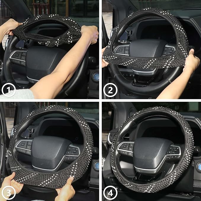 KAFEEK Elastic Mesh Car Steering Wheel Cover, Cute Black White, 15 Inch | Cooling Breathable Fabric, Non Slip Protector for Women Men, Summer Winter, Universal Fit