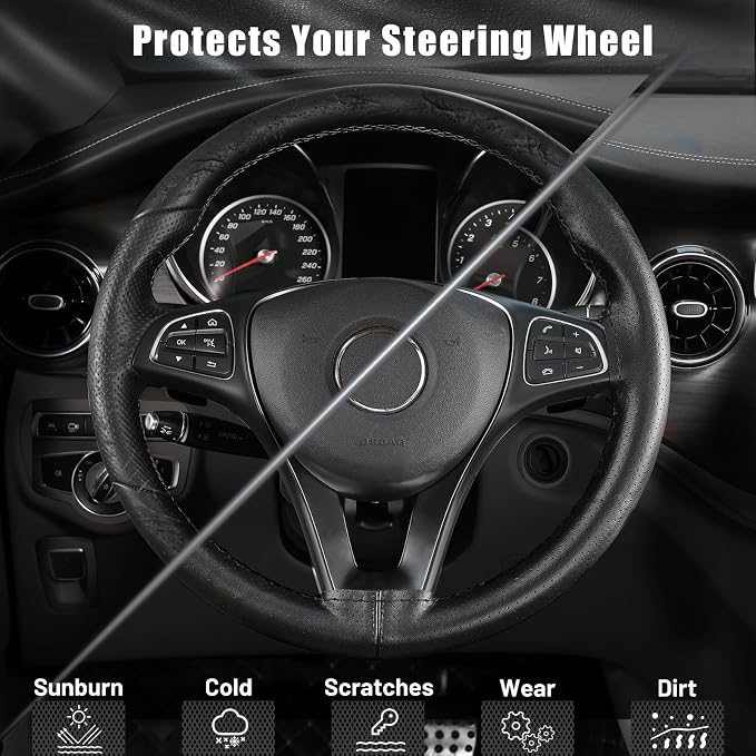 SEG Direct Genuine Leather Steering Wheel Cover, Stitch On Wrap, Breathable Cowhide Steering Wheel Wrap, Standard Size 15 Inch, for Car Truck SUV Pickup Boat, DIY Sewing with Needle Thread, Black