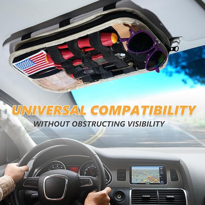 GNEGNI Tactical Car Sun Visor Organizer - Rigid MOLLE Panel Vehicle Storage Pouch with 3 Straps - Car Interior Document and Tool Holder for Truck, SUV, Jeep (13" x 7") (Khaki)