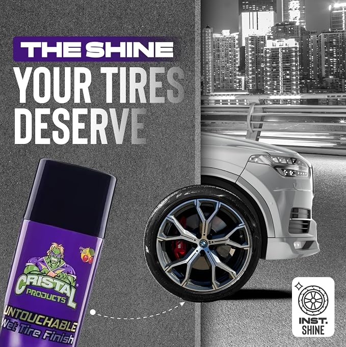 Cristal Products Untouchable TireShine Spray Spray 4PK – Long-Lasting Wet Tire Finish for Deep Gloss & Protection – Waterproof, No-Sling Formula, Easy Application Tire Shine & Cleaner (52 oz Total)