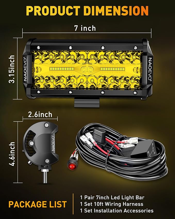 NAOEVO 7 Inch Yellow LED Light Bar, 240W 24,000LM Offroad Fog/Driving Lights LED Pods with 2 Leads Wiring Harness Kit, Spot & Flood Work for Truck Boat UTV ATV, 2-Pack (Yellow)