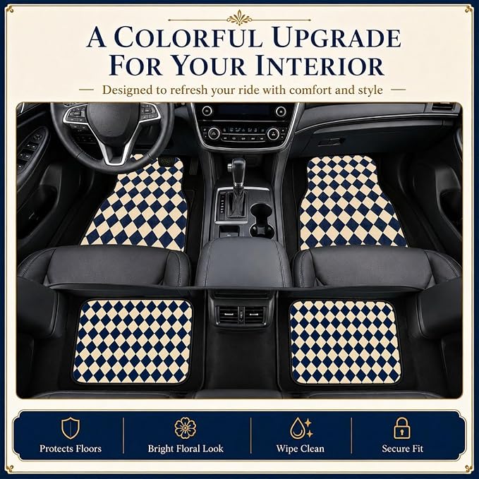 Diamond Car Floor Mats Set of 4 Navy Cream Geometric Car Accessories Foot Mats Rugs, Non-Slip,Decor for Universal Fit for Suvs Sedans Trucks Cars Auto Floor Carpets Rugs All-Weather
