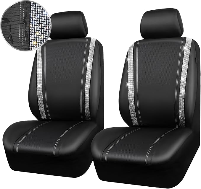 CAR PASS Leather Bling Diamond Car Seat Cover 2 Front Interior Sets, Waterproof Universal Shining Glitter Crystal Sparkle Fit for 95% Automotive Truck SUV Cute Women Girl, Black Silver Rhinestone