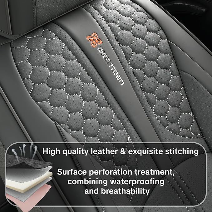 Full Set of Dark Gray Genuine Leather Seat Covers, Universal Fit | Four-Layer Anti-Slip Design with Lumbar Support