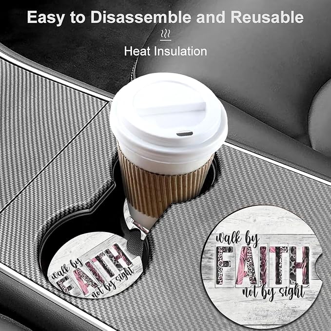 2 Pack Christian Car Cup Holder Coasters Universal Neoprene Coasters | 2.75" Universal Size Anti Slip Rubber Mat, Auto Cup Holder Accessories for SUV Truck, Walk by Faith Gifts for Women Men