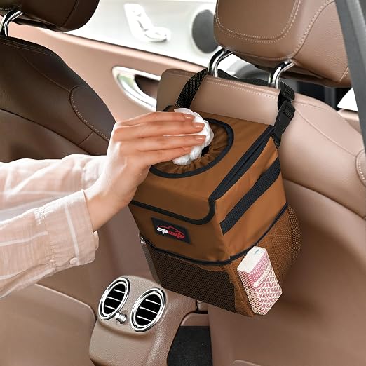 EPAuto Waterproof Car Trash Can with Lid and Pockets, 2.5 Gal, Brown | Leakproof, Collapsible Multipurpose Car Bin with 3 Side Storage Pockets, Adjustable Straps