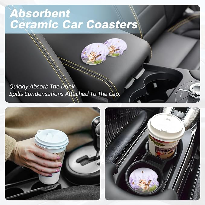 Lavender Butterfly Cute Cat Car Coasters for Cup Holders,2 Pack Car Cup Holder Coasters for Car,Ceramic Absorbent Car Coaster with A Finger Notch and Cork Base,Car Interior Accessories for Women Men