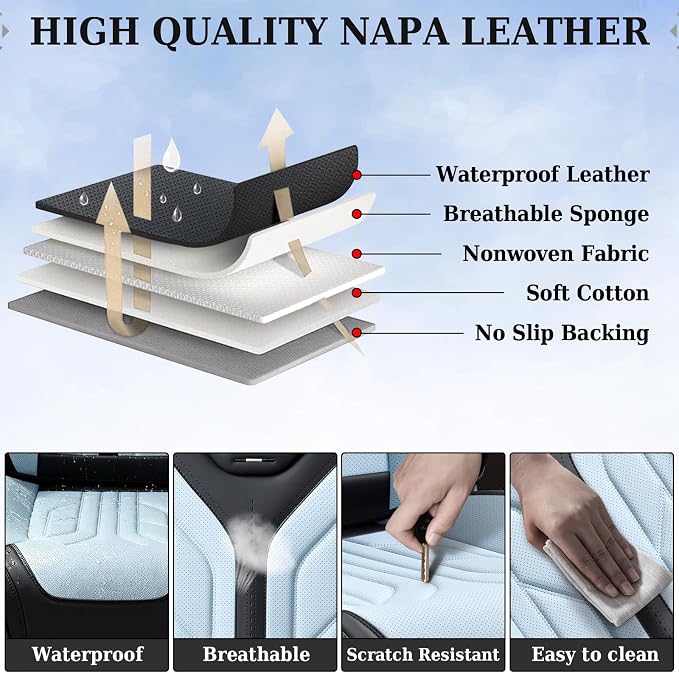 Coverado Car Seat Covers Full Set, Automotive Seat Covers Car Seat Protector Car Seat Cushion, Waterproof Leather Seat Covers for Cars, Universal Fit for Most Sedan SUV Pick-up Truck(Black&Light Blue)