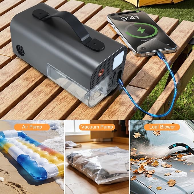 160PSI Tire Inflator Portable 2000A Car Jump Starter,20000mAh | 15000PA Vacuum With Digital Pressure Gauge,Power Bank With Led Light,Suck&Blow Function,For Car,Bicycle,Balls