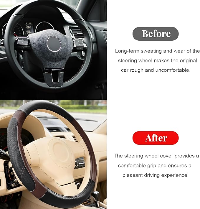 Car Steering Wheel Cover, 14.5-15" Non-Slip Soft Leather Breathable Sporty Steering Wheel Protector, Comfortable Automotive Interior Protection Accessory, Universal for Vehicles (Black/Brown)