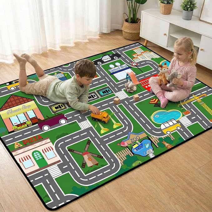 Car Rug 3x5 - Kids Playmat Rug - Educational Town City Map Carpet | Interactive street layout, Low-pile rolling surface, Textured rubber backing, High-density fabric, Machine washable