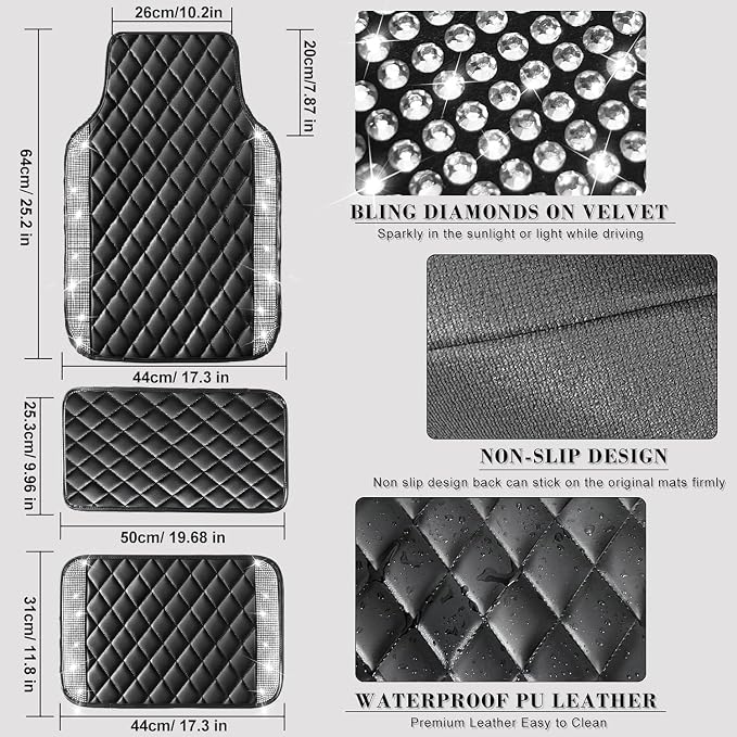 NBTEPEM Bling Leather Car Floor Mats Full Set, Sparkly Diamond Car Mats Universal Fit Most Automotive, Glitter Rhinestone Carpet Waterproof Anti-Slip, 5 pcs Set (Black Leather Silver Diamond)