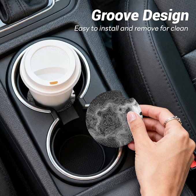 2 Pack Ceramic Car Coasters for Cup Holder, 2.56 in Anti Slip Absorbent Coaster with Cork Base and Finger Notch, Funny Cute Car Accessories for Women, Topographic Map