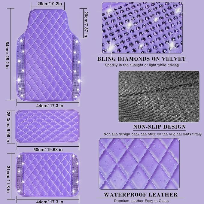 NBTEPEM Bling Leather Car Floor Mats Full Set, Sparkly Diamond Car Mats Universal Fit Most Automotive, Glitter Rhinestone Carpet Waterproof Anti-Slip (Purple Leather Diamond)