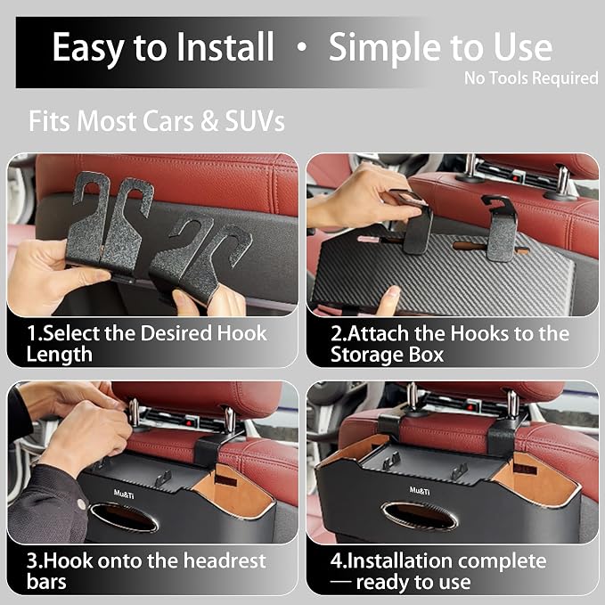 Mu&Ti Back Seat Car Organizer with Cup Holders Tissue Box Holder, Phone Stand and Hooks Multifunctional 4 in 1(Black)