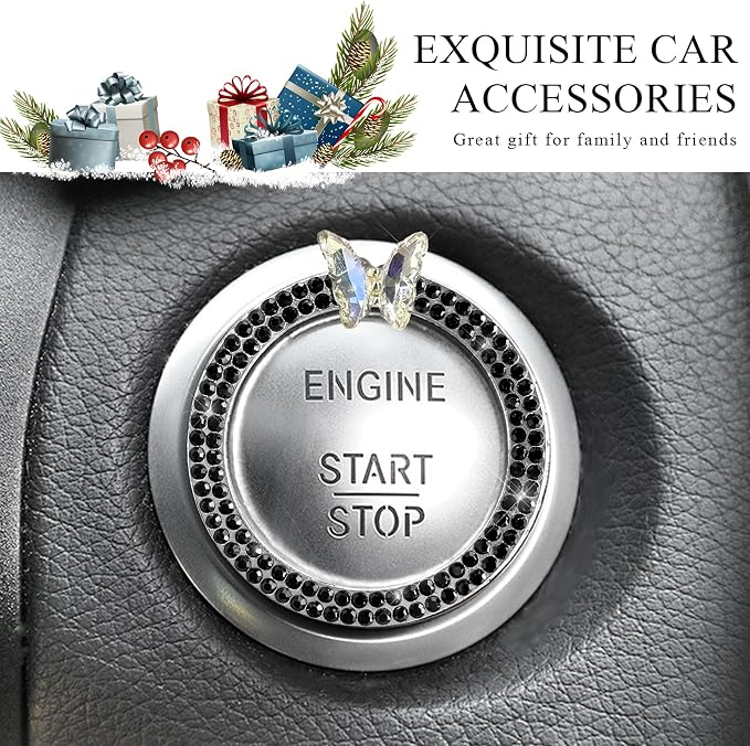 DXNQ 2PCS Bling Ring Emblem, Sparkling Butterfly Car Buttons and Knobs Ring, Girly Butterfly Diamond Car Engine Start Button Cover, Key Ignition Knob Rings Decoration for Women (Black, Double Row)