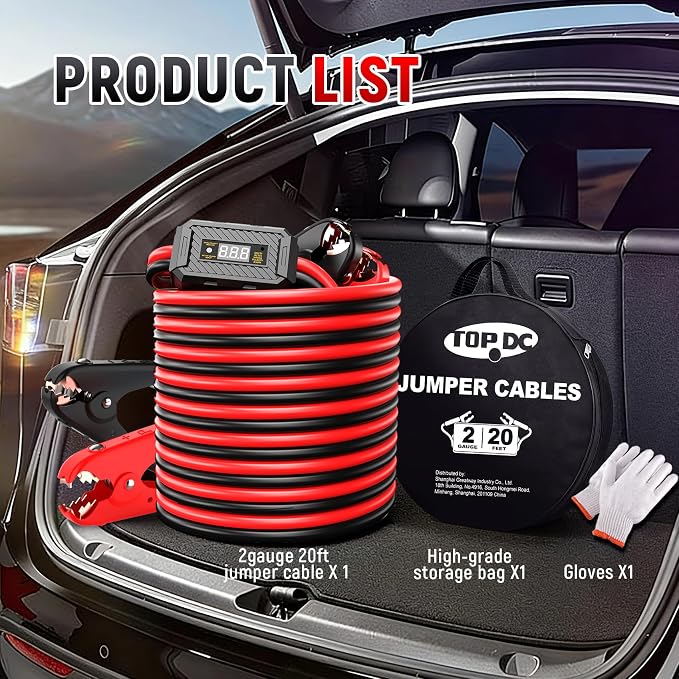 TOPDC 2 Gauge 20 Feet Jumper Cables with Reverse Polarity Protection for Car, SUV and Trucks Battery, Heavy Duty Automotive Booster Cables for Jump Starting Dead or Weak Batteries with Carry Bag