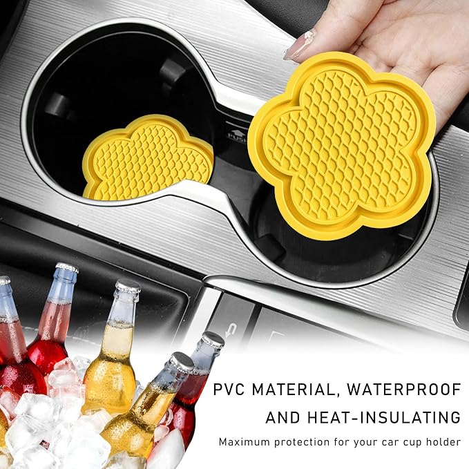 DXNQ 2 PCS Car Cup Coasters, Cute Flower Shaped Car Cup Holder Mat, PVC Waterproof Anti Slip Vehicle Cup Holder Insert Coaster, Universal Car Interior Decor Accessories (Yellow)