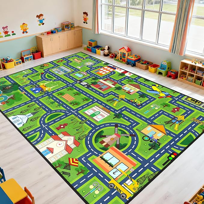 Large City Road Map Carpet for Playroom, Kids Play Mat Car Rug 6x8 Feet, Non Slip Floor Area Mat with Zoo Airport Pizza Shop, Educational Traffic Track Rug for Boys Girls Bedroom