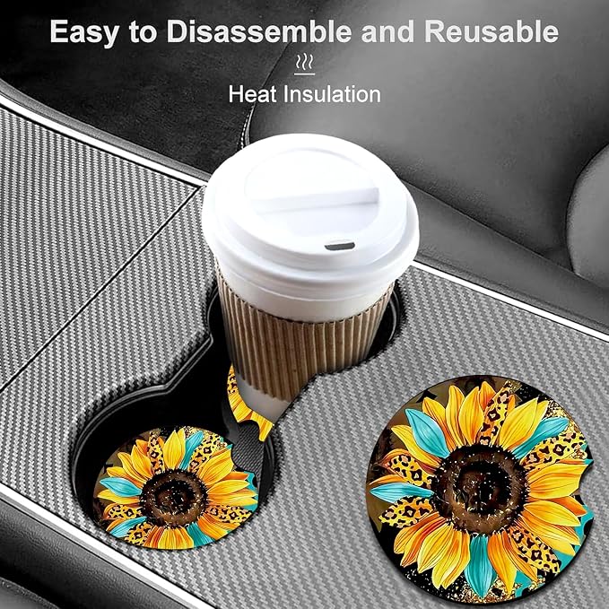 2 PCS Sunflower Leopard Car Cup Holder Coasters Universal Neoprene Coasters | 2.75" Universal Size Anti Slip Rubber Mat, Auto Cup Holder Decor for SUV Truck,Sunflowers Gifts for Women Mom Her Wife