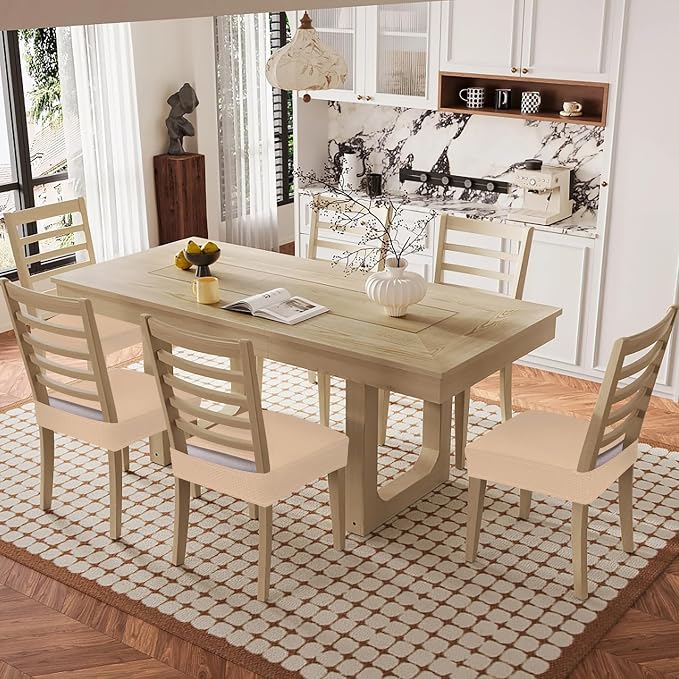 Smiry Waterproof Seat Covers for Dining Room Chairs Set of 8, Stretch Jacquard Removable Washable Chair Seat Slipcovers Protector, No Rear Covers, Khaki
