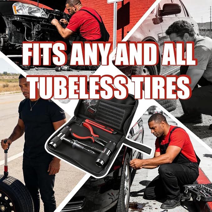 AWELCRAFT 36-Piece Tire Repair Kit – Heavy Duty Flat Tire Plug Kit with T-Handle Tools, 25 Rubber Plugs, 4-Way Valve Tool, Pliers, Folding Knife – Portable Tool Bag – Universal for Car