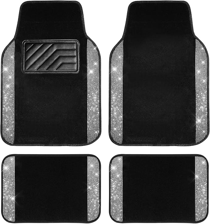 CAR PASS Bling Diamond Car Floor Mats, Shining Rhinestone Carpet Sparkly Glitter Crystal with Anti-Slip PVC Heel Pad Waterproof Universal Fit Automotive SUV,Sedan,Van,Cute Girl Women,4pcs Black Sliver