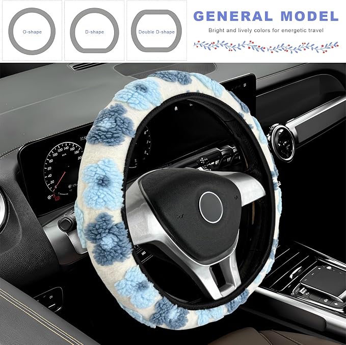 Plush Flowers Steering Wheel Cover, 15 inch Anti-Slip Breathable Steering Wheel Protector Cute Floral Decor, Elastic Soft Wheel Cover Universal Fit for Most Vehicles (Light Blue)