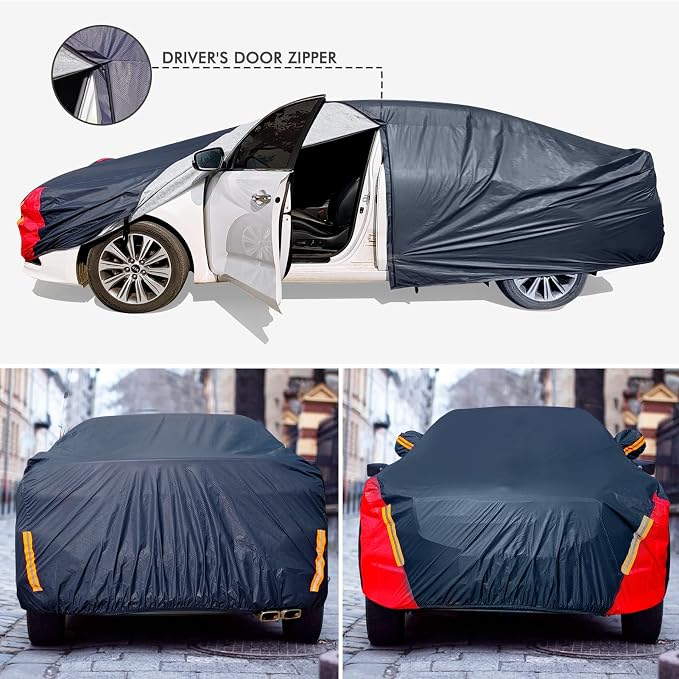 Car Cover Waterproof All Weather for Automobiles, 6 Layers Outdoor Full Exterior Cover Rain Sun UV Snowproof Protection with Zipper Cotton, Mirror Pocket for Sedan (196-210 inch)