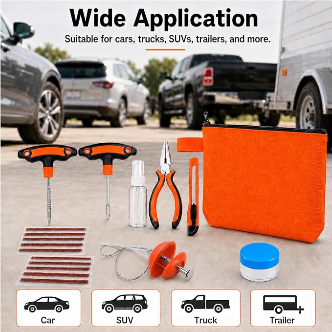 Flat Tire Repair Kit with Plugs 18 Pcs,Heavy Duty Sidewall Tire Repair Patch Tool Kit for Car,Motorcycle,ATV,UTV,SXS,Truck,Tractor,Parches para Llantas De Carro