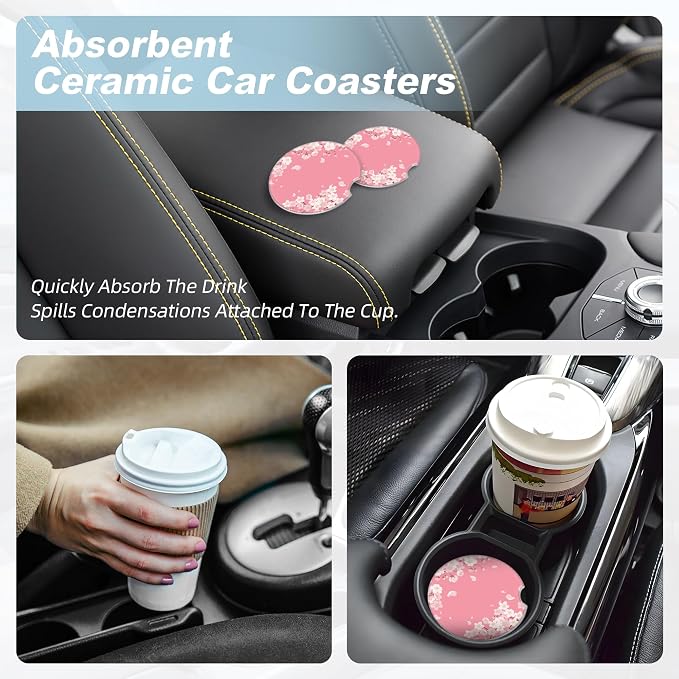 Pink Cherry Blossom Car Coasters for Cup Holders,2 Pack Car Cup Holder Coasters for Car,Ceramic Absorbent Car Coaster with A Finger Notch and Cork Base,Car Interior Accessories for Women Men
