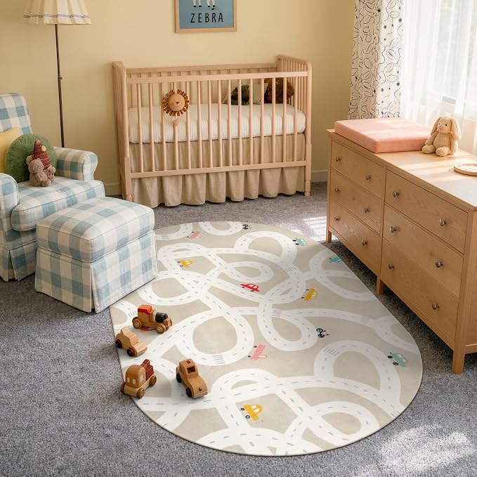 STARUIA Small Kids Rug for Kids Room, 3'x5' Washable Road Rug for Baby Nursery, Non-Slip Car Rugs for Playroom, Tan Traffic Play Mat Soft Fun Rugs for Boys Girls Dorm Toy Room Tent