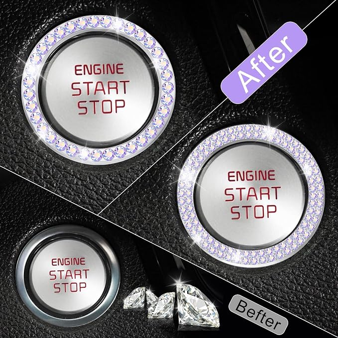 LivTee 2 PCS Crystal Combinatorial Rhinestone Car Engine Start Decoration Ring, Push to Start Button Cover Sticker, Bling Car Interior Accessories for Women, Automotive Decals, Colorful
