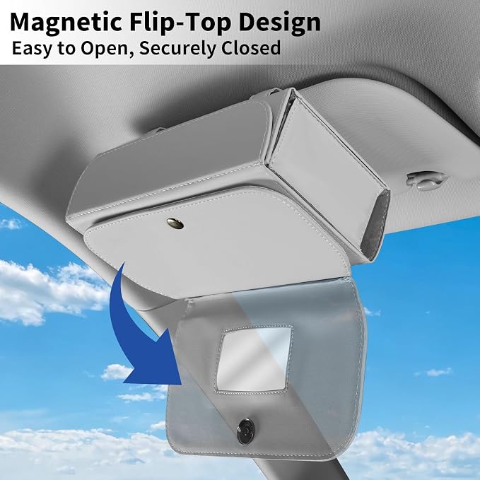 Car PU Leather Clip On Visor Tissue Holder with Mirror Storage Grey | Tissues Box Cover for Sun Visors Large Rectangle Napkin Holder Fit for Various Tissue Sizes Box Organizer for SUV Sedan Truck
