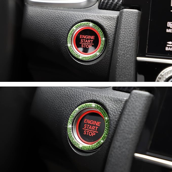 WINKA 2pcs Bling Car Engine Start Button Cover Diamond Crystal Push Start Stop Button Ring Sparkly Bling Ignition Button Cover Rhinestone Keyless Ignition Ring Universal Car Accessories (Light Green)