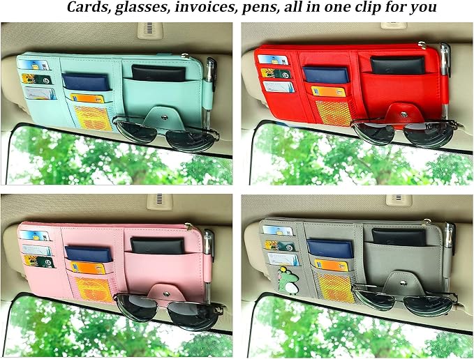 Car Sun Visor Organizer, Auto Interior Accessories Pocket Organizers, Personal Belonging Storage Pouch Organizer, Pouch Holder with Multi-Pocket Net Zippers (Red)