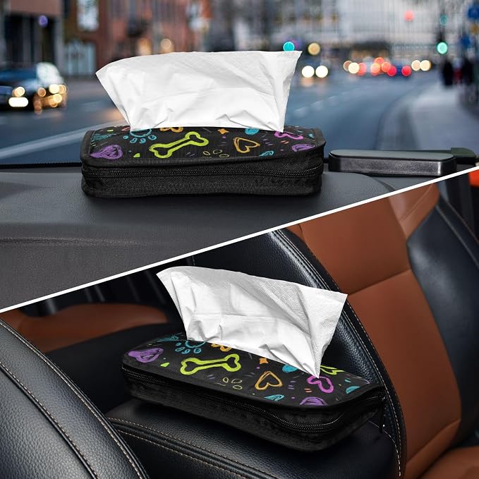 Car Visor Tissue Holder Mask Holder for Car, Car Tissue Box Sun Visor Napkin Holder Car Visor Accessories Adjustable Straps Reusable Durable Easy to Install Doodle Black Paw Print and Hearts