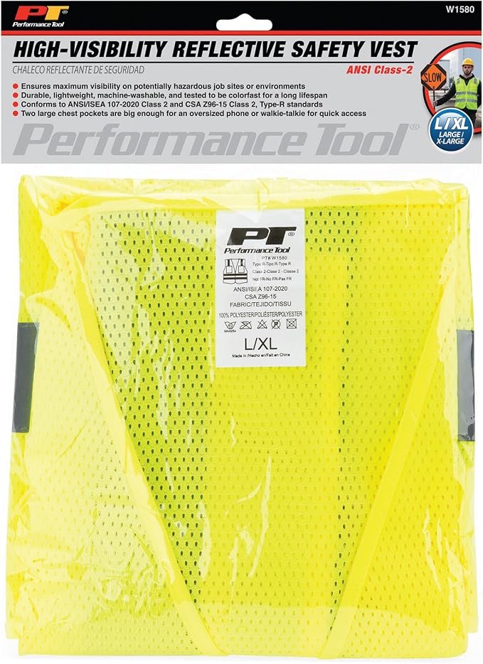 Performance Tool W1580 High-Visibility Reflective Safety Vest, Chest Pockets, Zip Closure, Neon Yellow