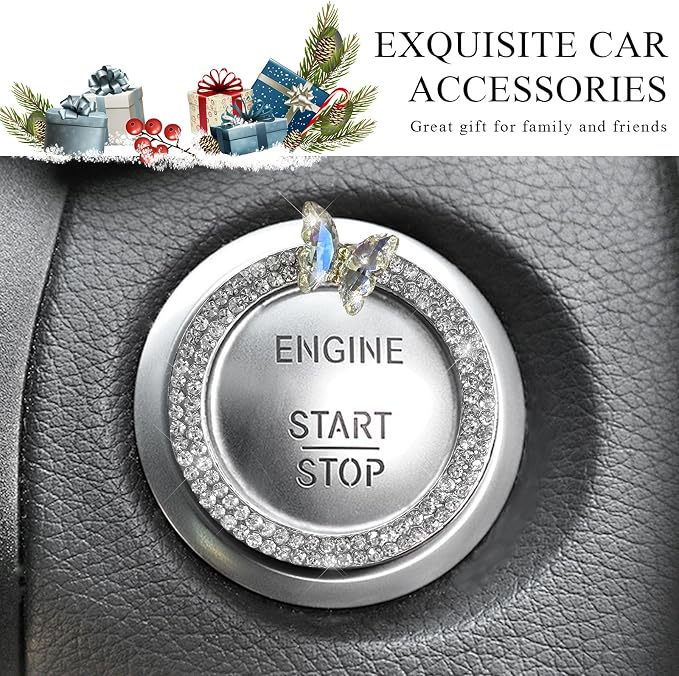 DXNQ 2PCS Bling Ring Emblem, Sparkling Butterfly Car Buttons and Knobs Ring, Girly Butterfly Diamond Car Engine Start Button Cover, Key Ignition Knob Rings Decoration for Women (White, Double Row)