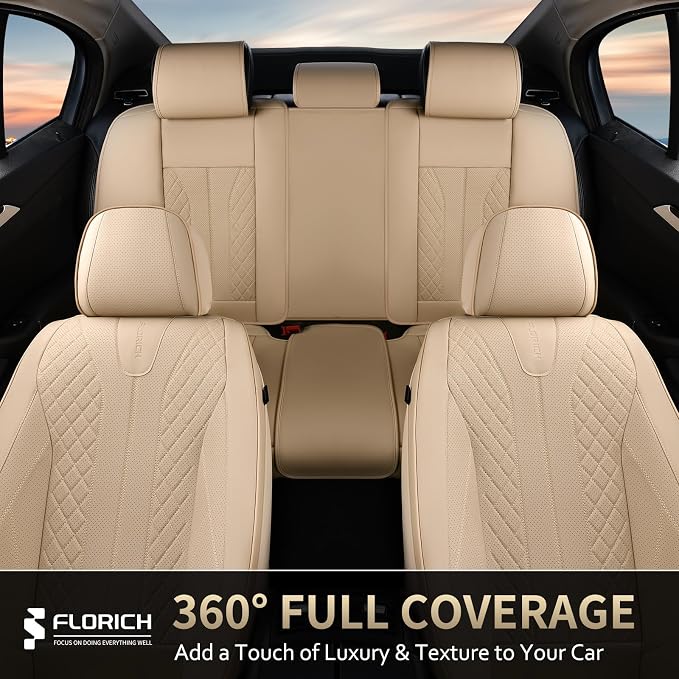 FLORICH Leather Seat Covers, Car Seat Cover Full Set Automotive Seat Covers Waterproof Car Seat Protectors 5 Seats Universal Seat Cover Fit for Most Cars SUV Trucks, Beige