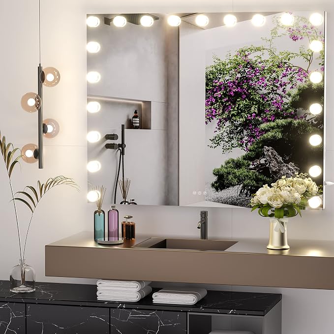 Hasipu Vanity Mirror with Lights, 40" x 29" Hollywood Mirror with 21 Dimmable Bulbs and 10X Magnification, 3 Colors Modes, Touch Control, USB Charging Port, Type-C, Tempered Glass (Square White)