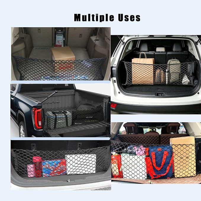 Truck Bed Cargo Net, Cargo Storage Elastic Mesh Bag (51 * 18In) | Organizer Net Bag Automotive Cargo Nets with 4 Buckles Screws Hooks Clips Trunk Storage Net for Pickup Truck Bed