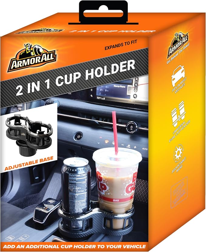 Armor All Cupholder 2 in 1 Expander, Turn 1 Cupholder to 2, Dual Drink Holder Expander with Adjustable Expandable Base to Fit Most Cars and Vehicles, Secure Hold with Drink Grips