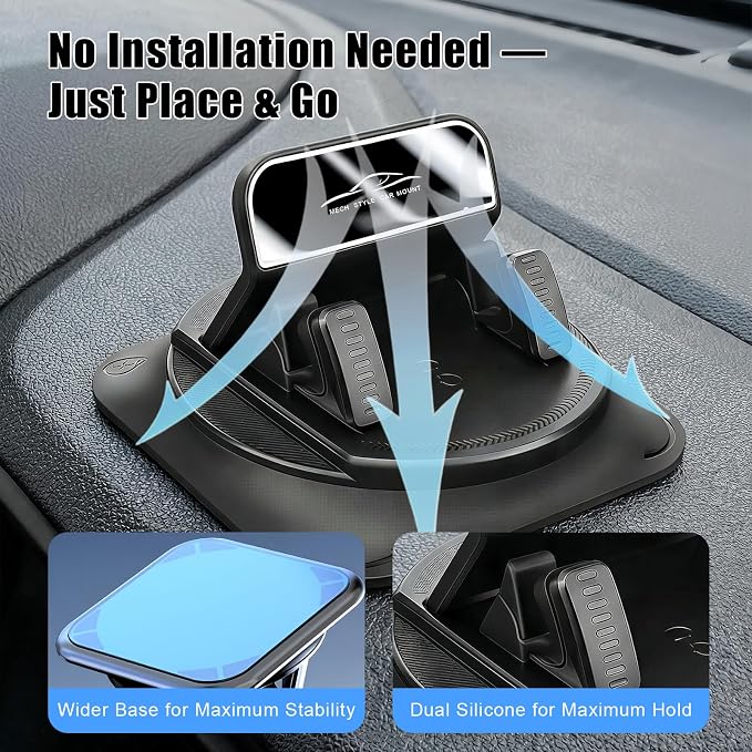 Car Dashboard Phone Holder, Self-Adhesive Car Phone Holder 360 Degree Rotation, Universal Anti-Slip Automotive Mount, Vibration-Free & One-Handed Operation (Black)