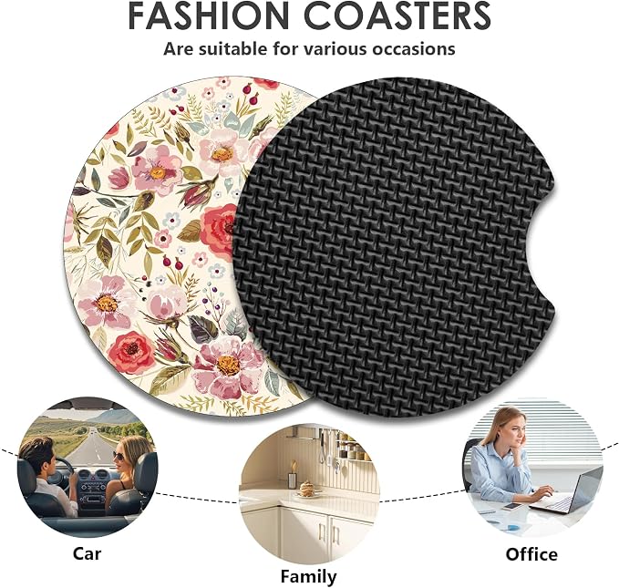 2 Pack Car Coasters,2.75-inch Neoprene Non-Slip Cup Holder Coasters for Car,Cute Car Interior Accessories for Men and Women,Retro Flower