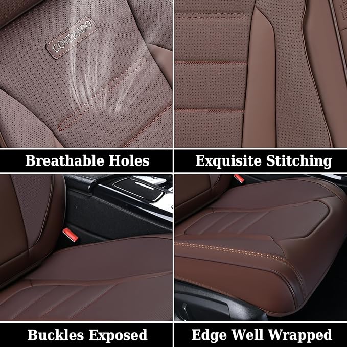 Coverado Car Seat Covers Full Set, Nappa Leather Seat Covers for Cars, Car Seat Protector Car Seat Cushion, Front and Back Seat Protectors Cushions Universal Fit for Most Cars Vehicles(Brown)